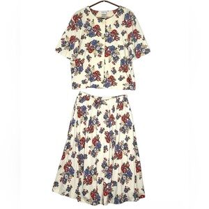 Talbots Women's Floral Midi Skirt & Top Set Short Sleeve Outfit Size M